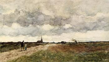 Jan Hendrik Weissenbruch : Figures On A Country Road A Church In The Distance